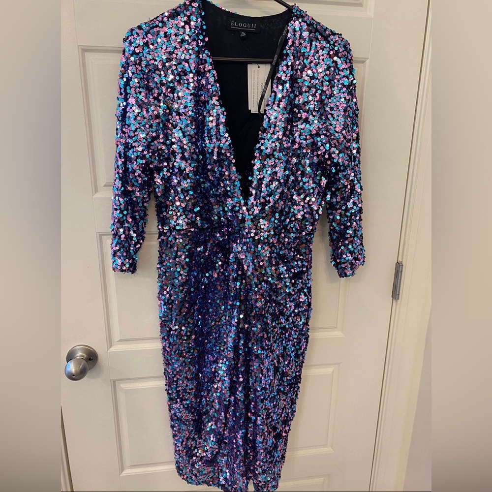 BEAUTIFUL pink, teal and black sequins dress! NWT ELOQUII 3/4 sleeves